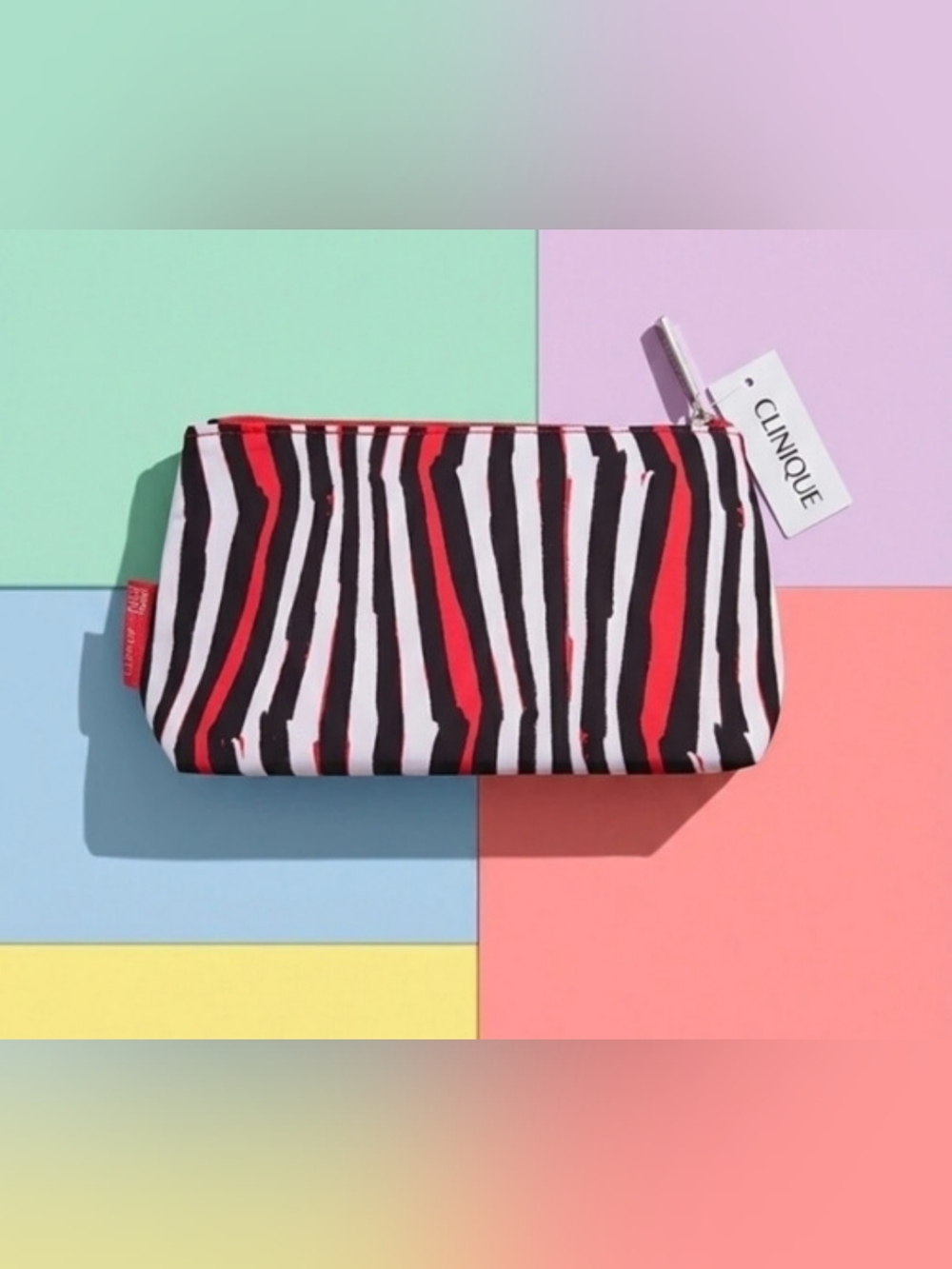 Clinique Striped Cosmetic Bag in Black & Red NWT